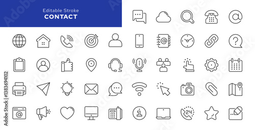 Contact us line icon set. Chat, name, address, email, message, phone and more.  Outline vector icon in linear style. Series of pictograms.	