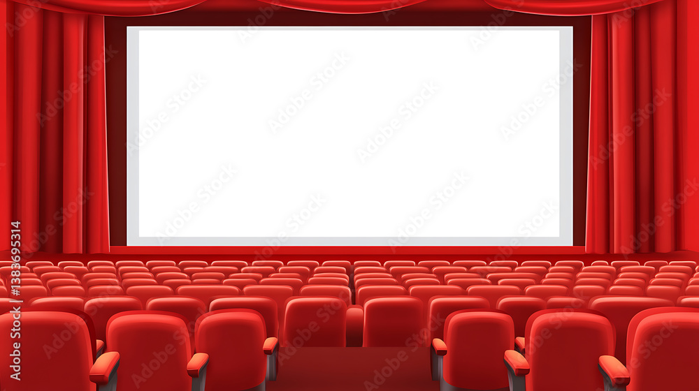 Movie cinema hall interior with rows of seats and white blank mockup screen, illustration