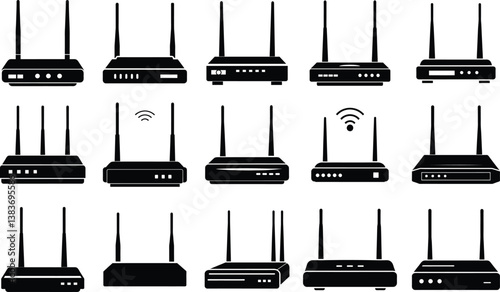 WiFi Router with Antennas Black Silhouette Vector Design Set