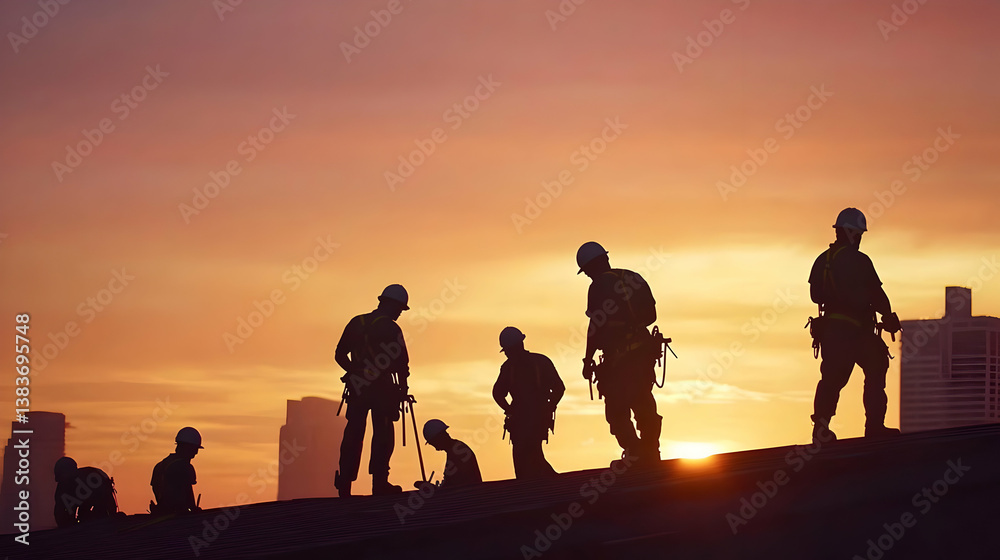 Fototapeta premium Construction Workers Silhouette On Rooftop At Sunset Cityscapes