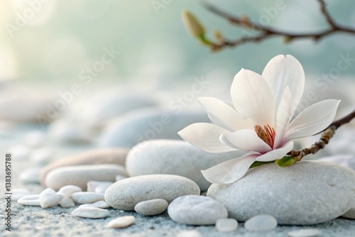 White magnolia on smooth stones with soft pastel hues, evoking a serene zen spa-like ambiance.