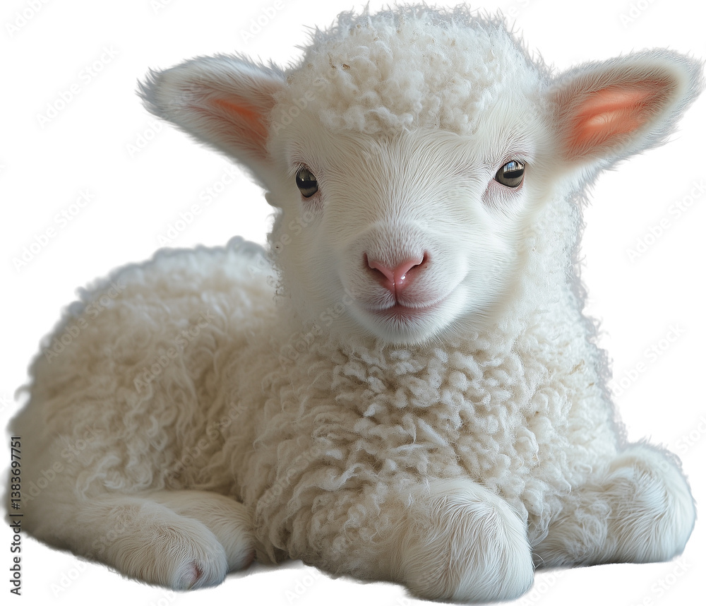 A lamb, lying down and facing slightly to the side lamb has white, fluffy wool and a pink nose cutout PNG on transparent background A lamb, lying down and facing slightly to the side lamb has white, fluffy wool and a pink nose cutout PNG on transparent background