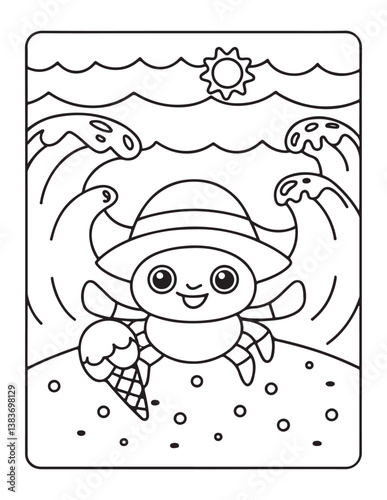 Cute kawaii summer coloring pages, kawaii animals coloring pages, summer, summer coloring page, bold & easy coloring pages, line art, vector illustration, black & white designs, kawaii characters