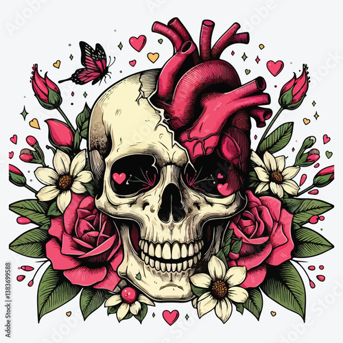 Skull, Hearts and Flowers Vector Illustration stock illustration