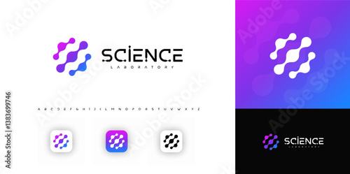 Molecule science symbol with gradient color, futuristic font, evokes innovation, connection, progress. Ideal for tech, research, science branding. Modern vector logo