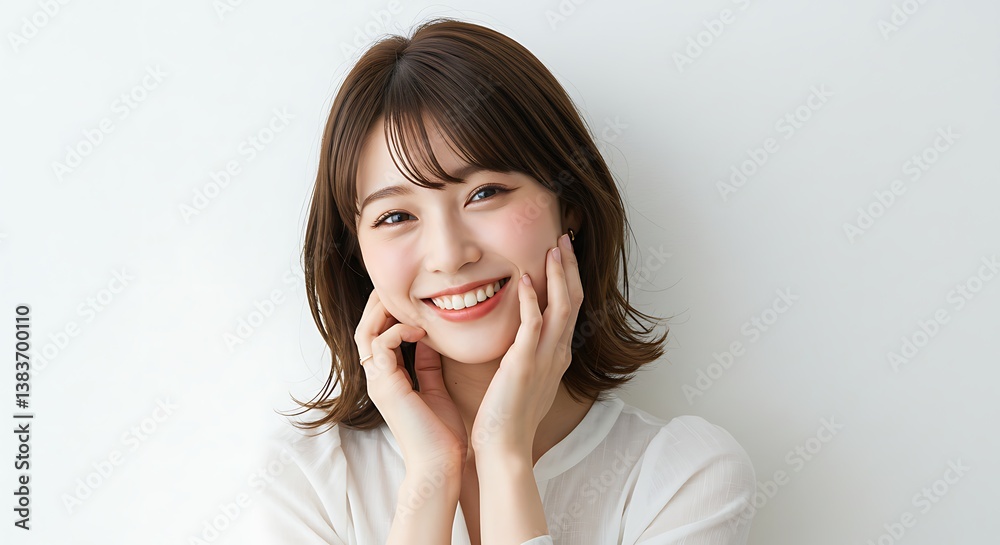 Happy Woman Smiling Touching Face with Hands in Casual White Shirt Happy Woman Smiling Touching Face with Hands in Casual White Shirt