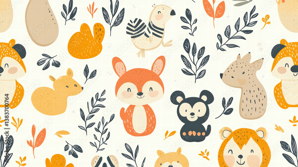 Playful Animals: A lively and colorful illustration featuring a variety of endearing cartoon animals set against a delicate and patterned backdrop, exuding a sense of warmth, friendship.