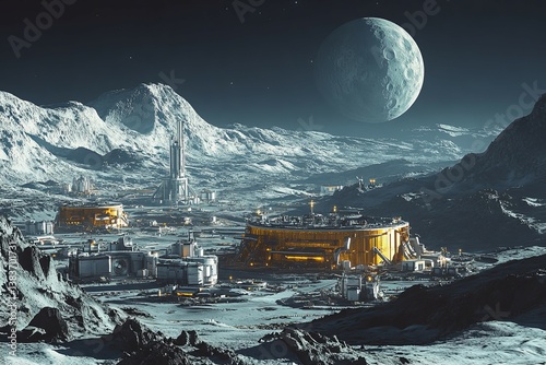 A futuristic space colony city under a large and glowing moon