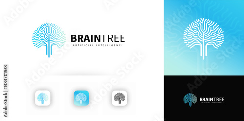 Brain tree symbol. Neural connections, growth. Abstract technology, intelligence concept. Minimalist geometric design, digital innovation. Vector illustration.