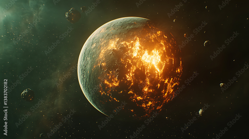 Obraz premium Planet in space with chaotic asteroids