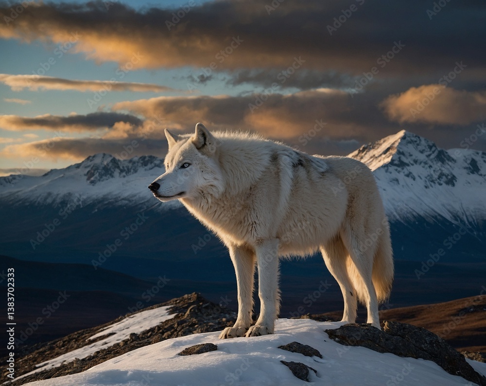 Obraz premium Lone Arctic wolf standing majestically on a snow-covered mountain ridge at sunset