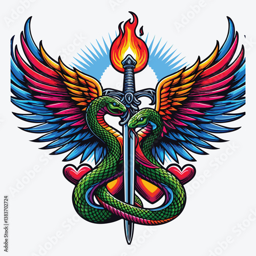 Snake with wings wrapped around a sword. stock illustration