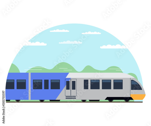 A simple illustration, a modern train against a sky with clouds.
