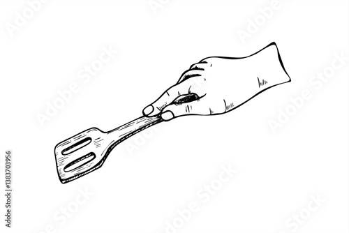 Monochrome human hand holding slotted wooden spatula vector illustration painted by black inks. Kitchen utensil etching drawing. Handcrafted cooking tool for cooking tutorials, recipe blogs