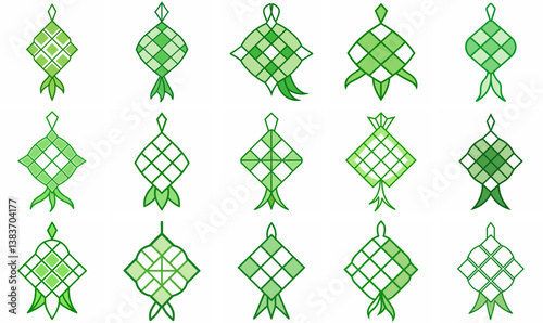 Green Ketupat Outline Coloring Book Page Line Art Drawing Set