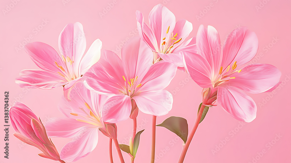 Obraz premium Raster illustration of bitter root, lewisia rediviva, flower, ecosystem, phytology, gardening, photosynthesis, petals, leaves, stems, bud, pink pastel color, horticulture concept, 3d artwork design
