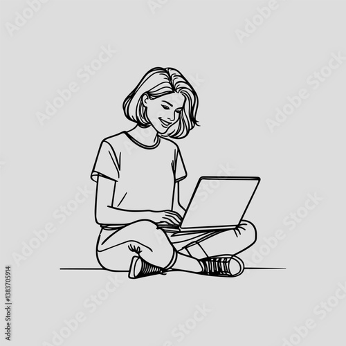 Minimalist Line Art Woman with Laptop Vector, Modern Freelancer Illustration, Sitting Woman Logo, Remote Work Icon, Digital Nomad