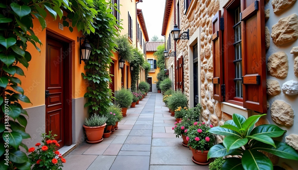Fototapeta premium Picturesque Narrow Street in Mediterranean Village with Plants and Flowers
