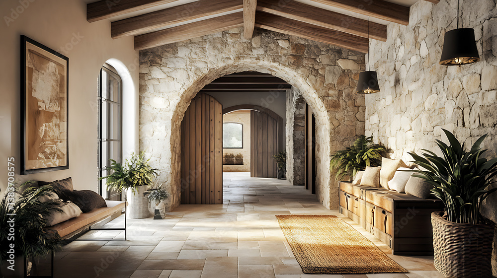 Fototapeta premium Boho interior design of modern living room with rustic furniture