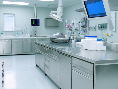 Modern Sterile Laboratory Interior with Stainless Steel Countertops and Medical Equipment
