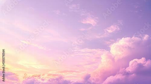 Fototapeta Naklejka Na Ścianę i Meble -  Sky's Gentle Embrace: A dreamy skyscape unfolds, painted with soft pastel hues. This image captures the tranquil beauty of the sky at dusk, showcasing fluffy clouds
