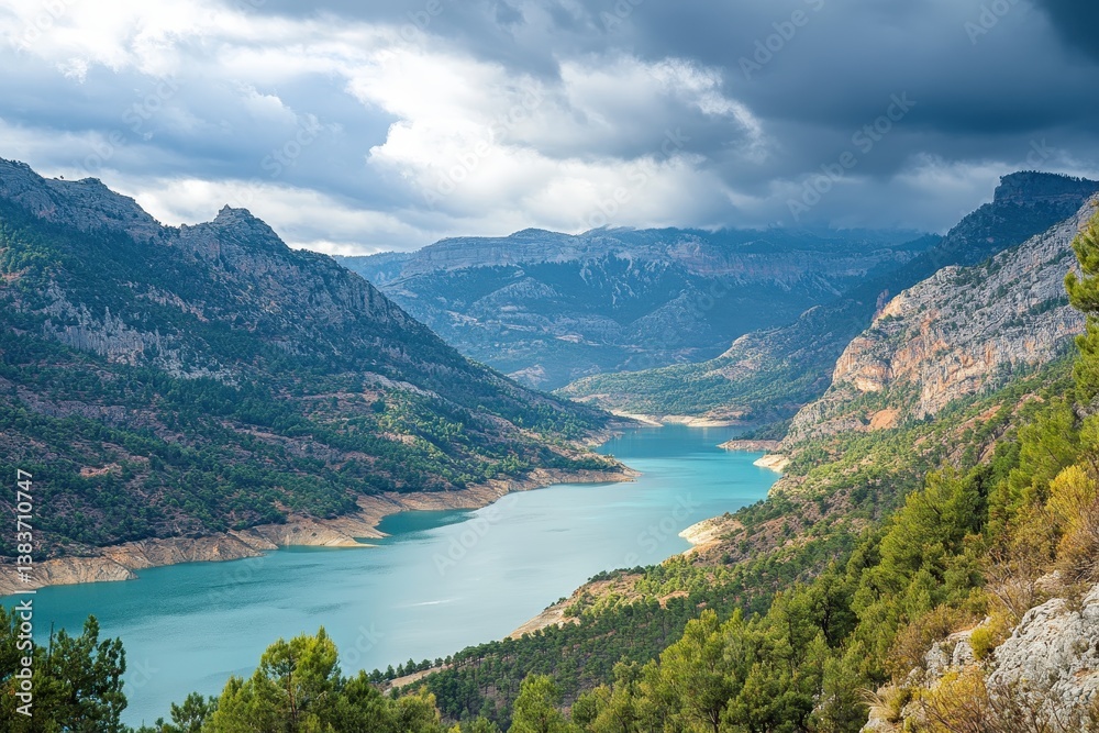 Mountain landscape with river and cloudy sky Panoramic view lake in the mountains. Mountain landscape with river and cloudy sky Panoramic view lake in the mountains.