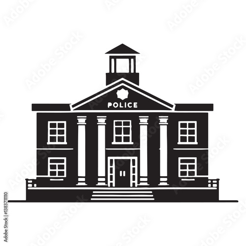 Secure Police Station silhouette, representing the fortification of public safety – Police Station illustration – Police Station vector – Protective building silhouette

