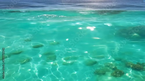 A serene underwater scene showcasing clear turquoise waters with sunlight reflecting on the surface. Small fish swim among coral formations, creating a vibrant marine ecosystem.