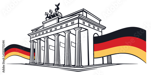 Brandenburg Gate line art with German flag elements black and white Illustrator  vector