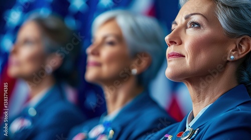 Three senior women in formal attire look towards the sky in a moment of solemn focus or reflection.