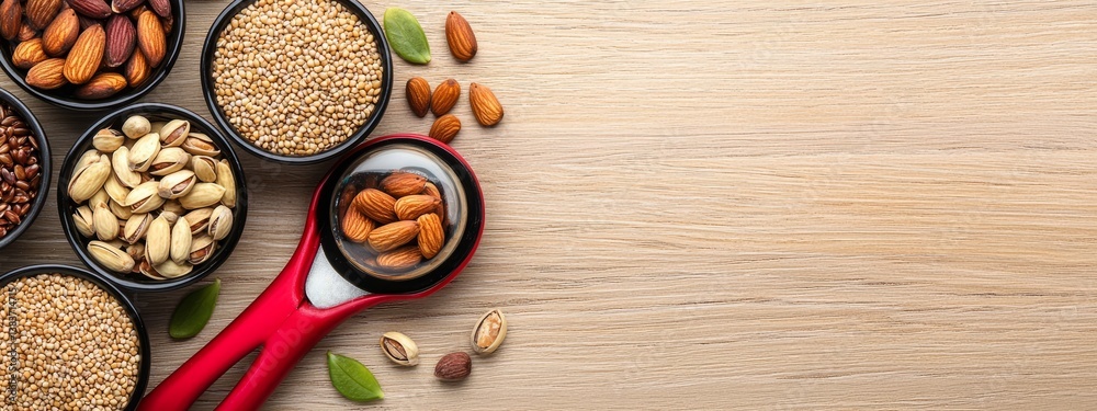 Assorted Nuts and Seeds in Bowls with a Magnifying Glass on Wood Assorted Nuts and Seeds in Bowls with a Magnifying Glass on Wood