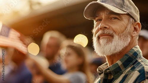 A smiling older man with a white beard and a cap, enjoying an outdoor gathering with others.