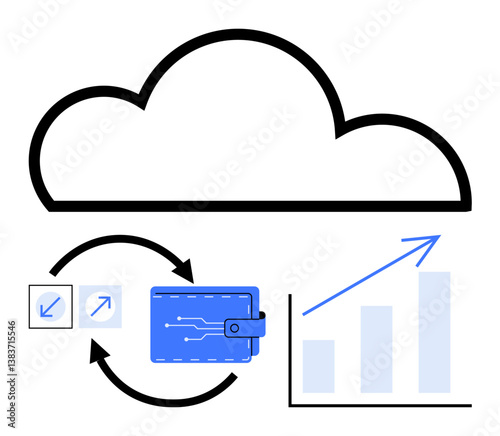 Cloud outline over digital wallet, sync arrows, chart with upward arrow. Ideal for finance, cloud storage, cryptocurrency, data security, fintech digital economy innovation. Flat simple metaphor