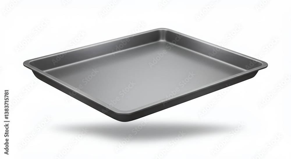 Metallic baking sheet on a clean white backdrop ready for culinary creations Metallic baking sheet on a clean white backdrop ready for culinary creations