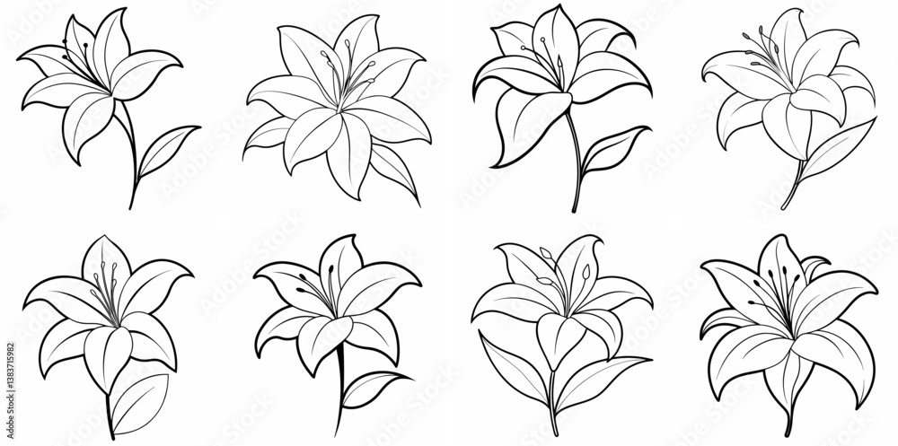 Lily Flower Outline Coloring Book Page Line Art Drawing Set Lily Flower Outline Coloring Book Page Line Art Drawing Set