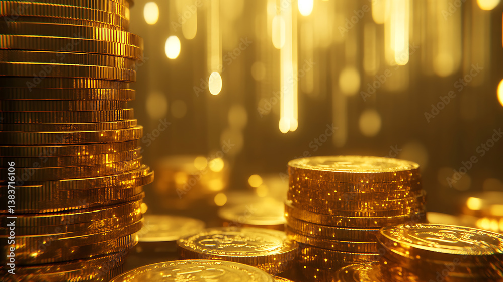 Stack of gold coins overlay with data points, finance and data, against blurred stock graph Stack of gold coins overlay with data points, finance and data, against blurred stock graph
