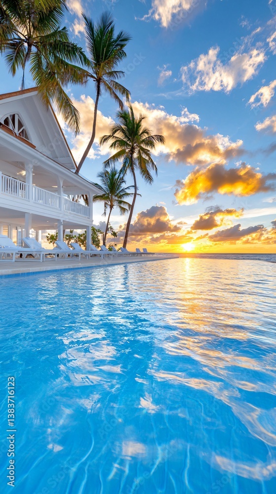 Fototapeta premium Tropical Sunset Reflection Over Infinity Pool with Palm Trees and Cloudy Sky in Vibrant Colors