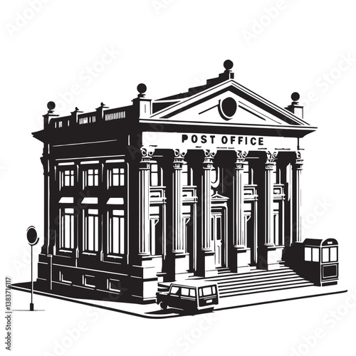 Urban Post Office silhouette, representing a bustling city center postal building – Post Office illustration – Post Office vector – City mail station silhouette

