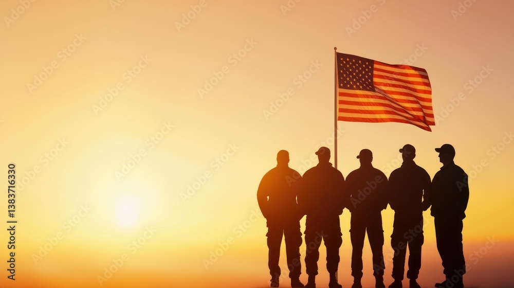 Fototapeta premium Silhouetted soldiers stand with an American flag during a beautiful sunset, symbolizing patriotism.