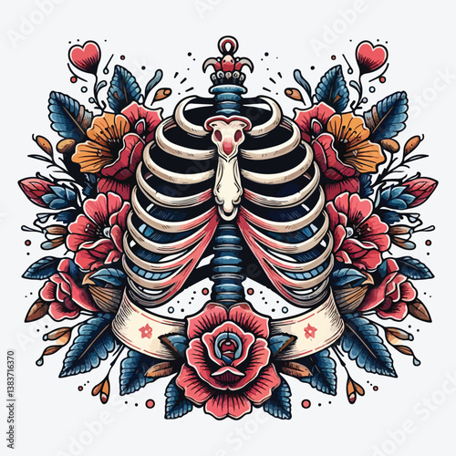 Traditional tattoo with banner of a rib cage and flowers stock illustration