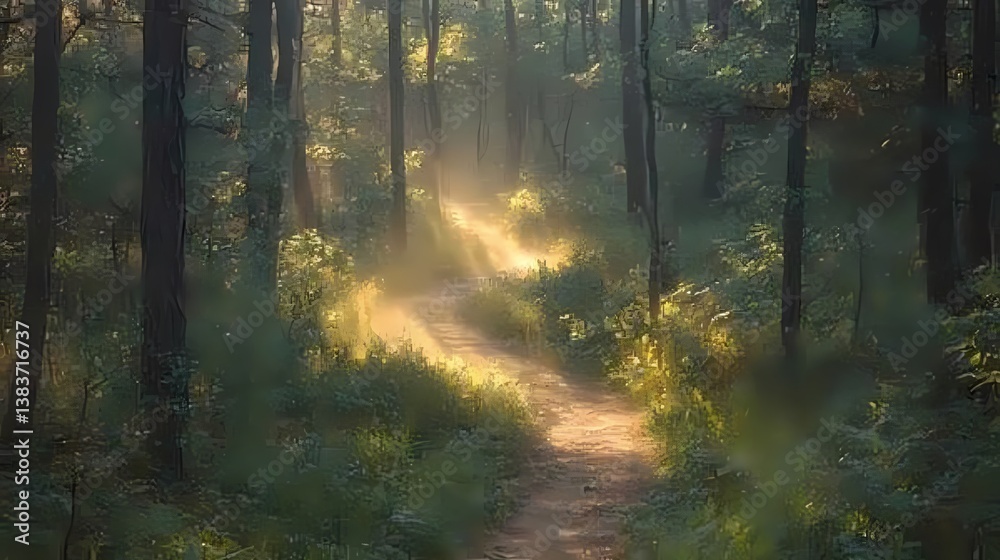 Obraz premium Sunlight Through Forest Trees Lighting a Quiet Path for Walking