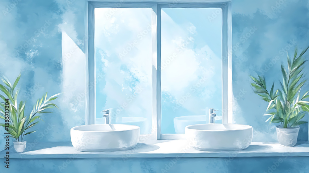 Stylish bathroom interior with double sink and panoramic window