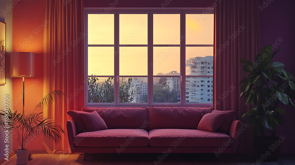 Fototapeta premium Stylish living room interior with couch and panoramic window, mockup wall