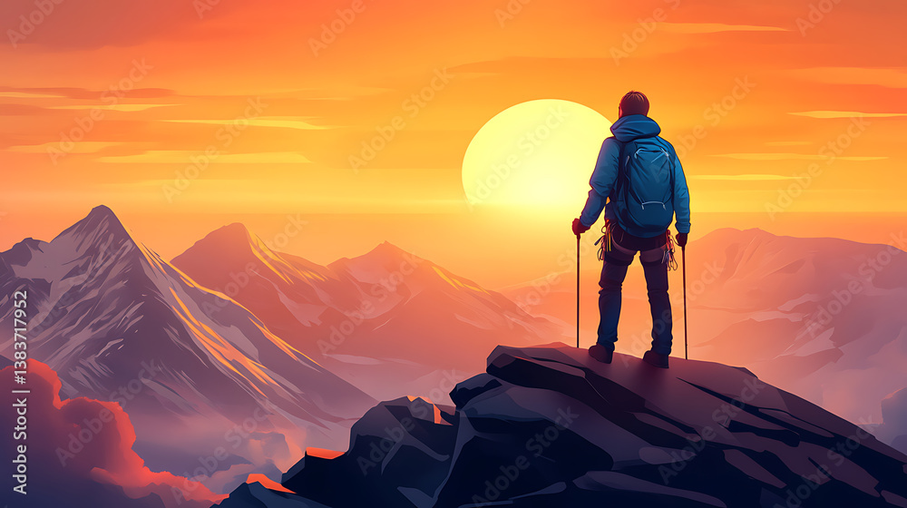 Fototapeta premium Success concept with mountain climber in blue jacket standing on mountain top at sunset, illustration