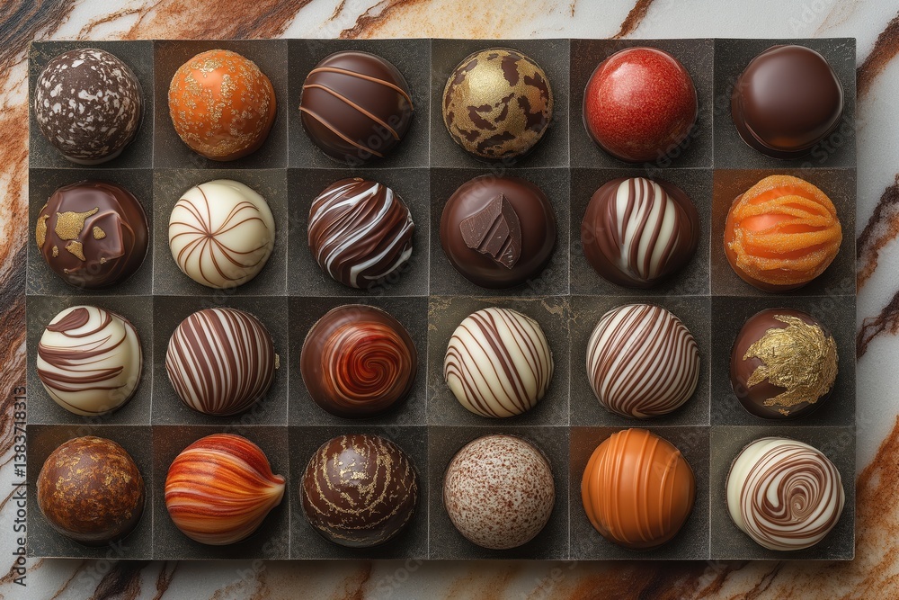 Handcrafted chocolate pralines displayed elegantly on polished white marble dessert tray Handcrafted chocolate pralines displayed elegantly on polished white marble dessert tray