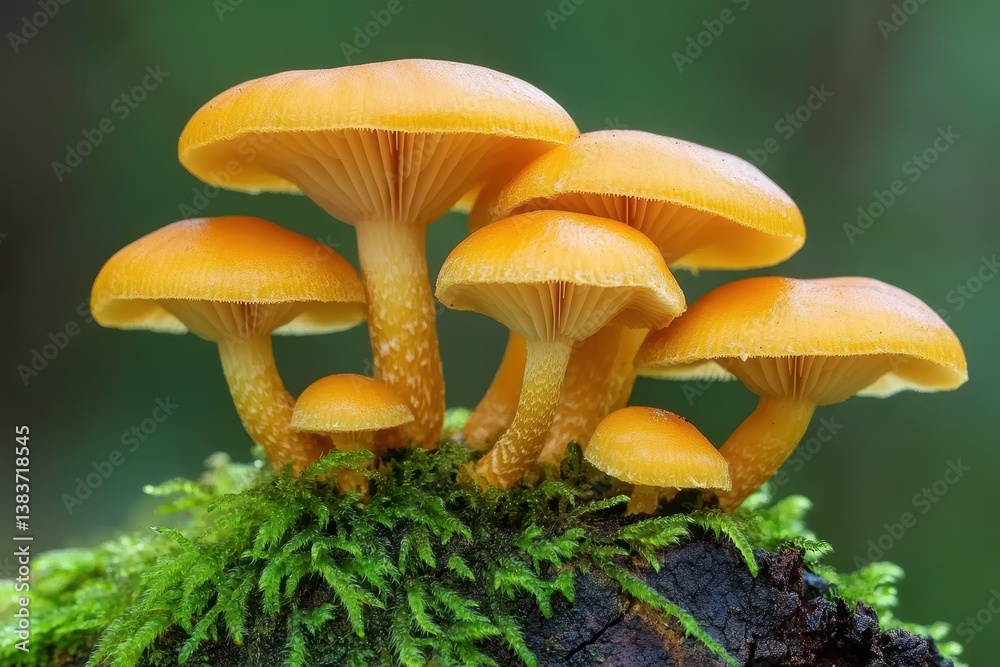 Mushrooms growing on a mossy log in the forest Little fungus growing on a mossy tree side view. Mushrooms growing on a mossy log in the forest Little fungus growing on a mossy tree side view.