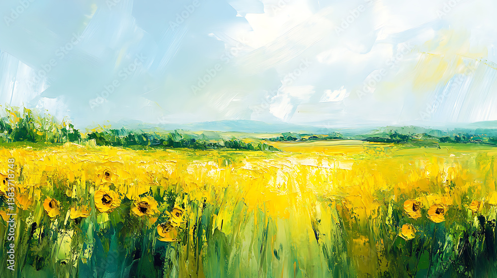 Sunflower field with vibrant yellow and green colors in an impressionist oil painting style