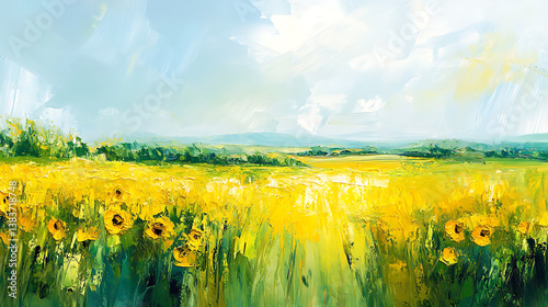 Obraz na płótnie Sunflower field with vibrant yellow and green colors in an impressionist oil painting style w salonie