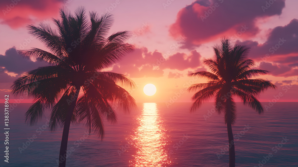 Obraz premium Sunset with palm trees in front of an ocean