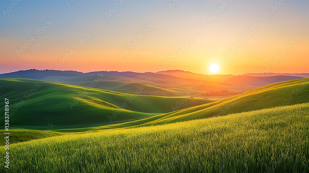 Fototapeta premium Sunrise over the grassy hills